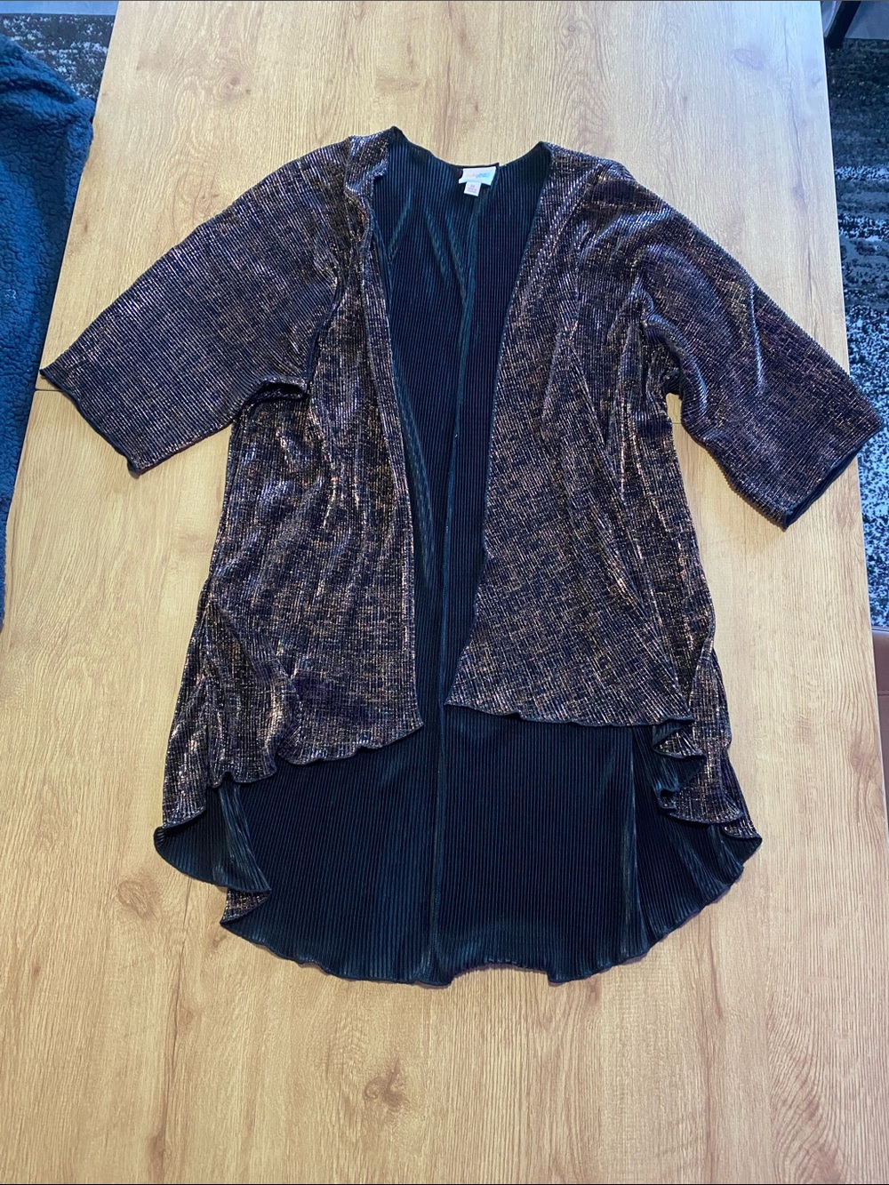 LuLaRoe Shimmery Black and Deep Purple Open-Front Cardigan